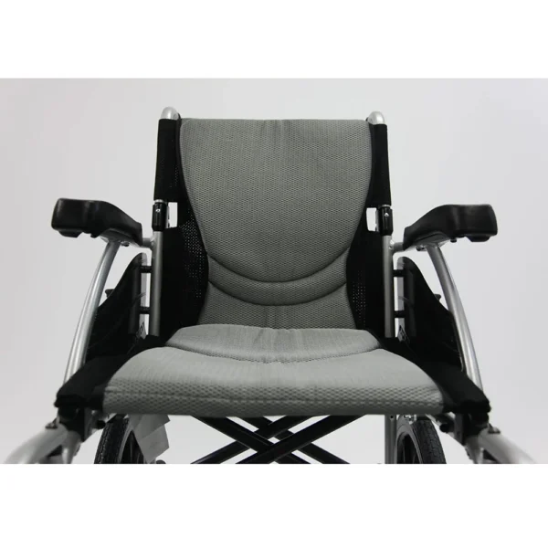 Lightweight S-Ergo 115 Transport Wheelchair with S-shaped ergonomic seat, foldable aluminum frame, and anti-bacterial upholstery.