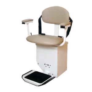 Harmar SL350AC Stairlift installed indoors, showing a wide padded seat, adjustable footrest, and sturdy aluminum track.