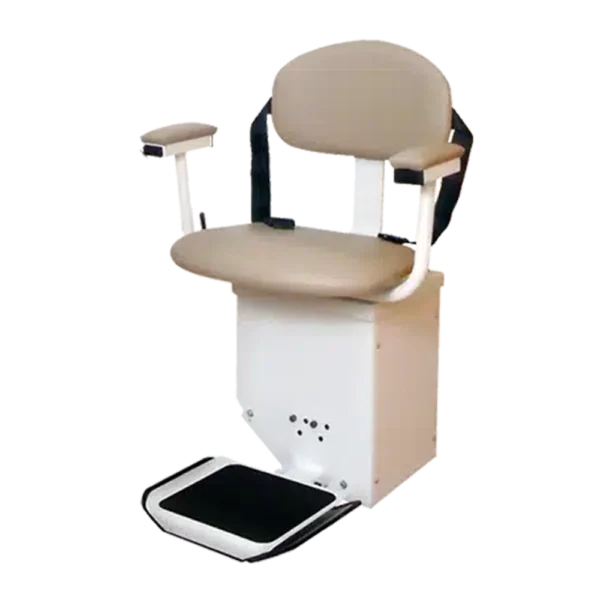 Harmar SL350AC Stairlift installed indoors, showing a wide padded seat, adjustable footrest, and sturdy aluminum track.