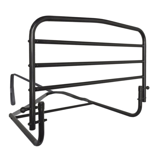 Stander 30” Safety Bed Rail attached to a bed, showing extended length and folding feature for added safety and convenience.