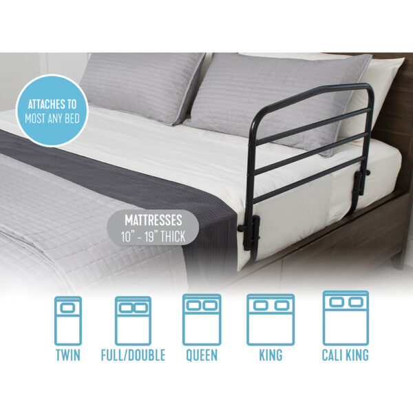 Stander 30” Safety Bed Rail attached to a bed, showing extended length and folding feature for added safety and convenience.