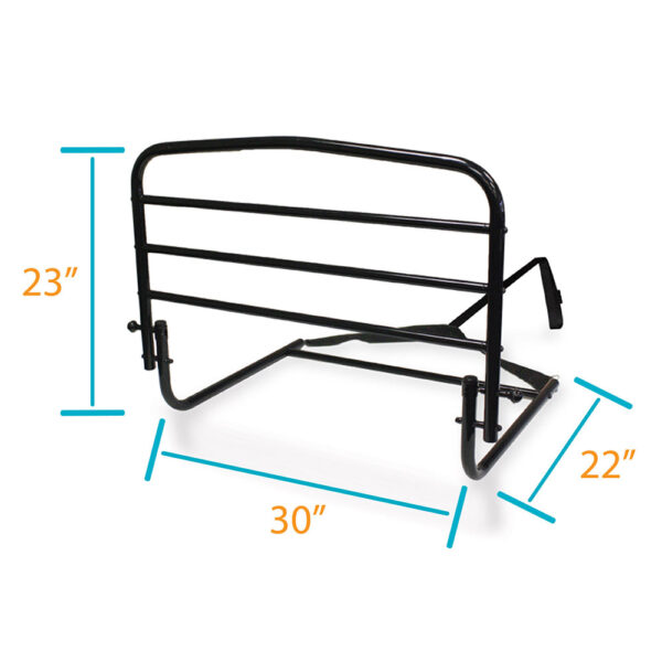 Stander 30” Safety Bed Rail attached to a bed, showing extended length and folding feature for added safety and convenience.