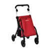 Shopping-Rollator-1 Essentials Shopping Rollator with large storage bag, padded seat, rear basket, and front swivel wheel, designed for lightweight, easy mobility.