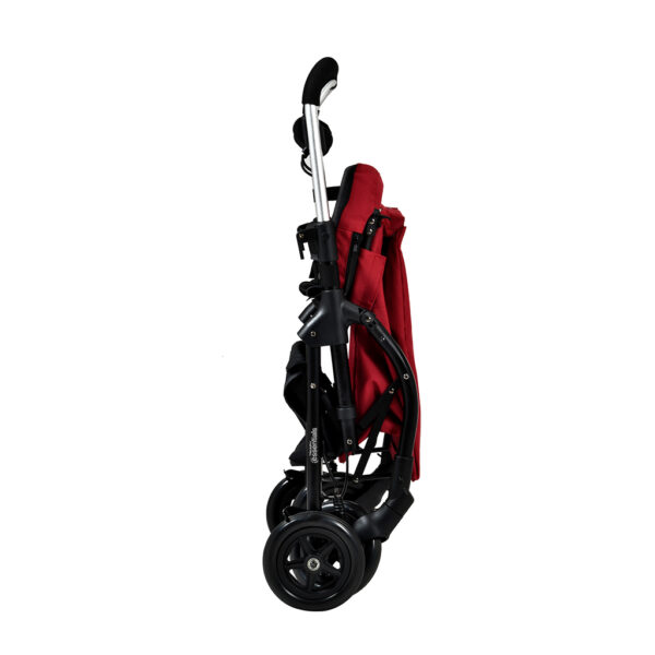 Essentials Shopping Rollator with large storage bag, padded seat, rear basket, and front swivel wheel, designed for lightweight, easy mobility.