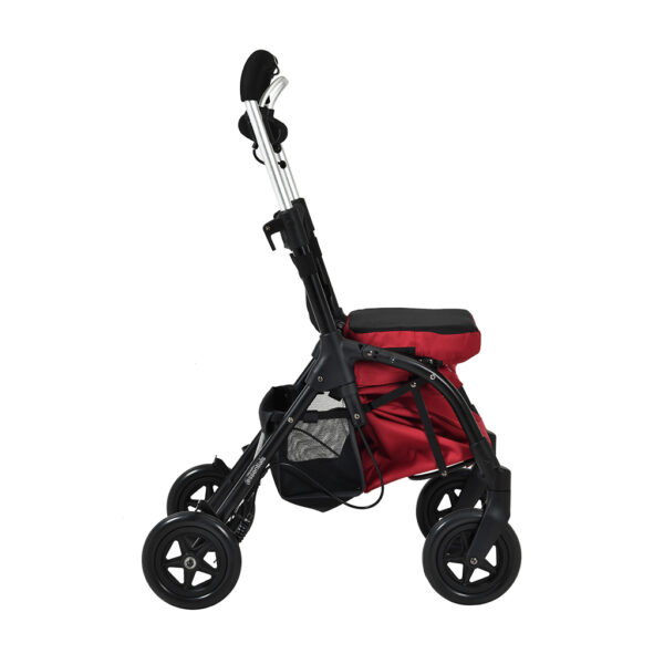 Essentials Shopping Rollator with large storage bag, padded seat, rear basket, and front swivel wheel, designed for lightweight, easy mobility.