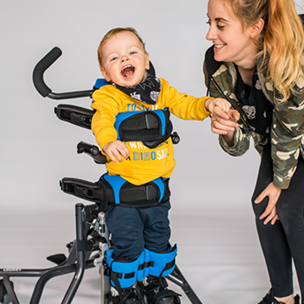 Leckey Squiggles Stander with customizable postural supports and adjustable frame for children aged 1–5 years.