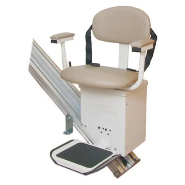Harmar Summit Outdoor Stairlift installed on an outdoor staircase, featuring durable aluminum track and weatherproof vinyl seating.