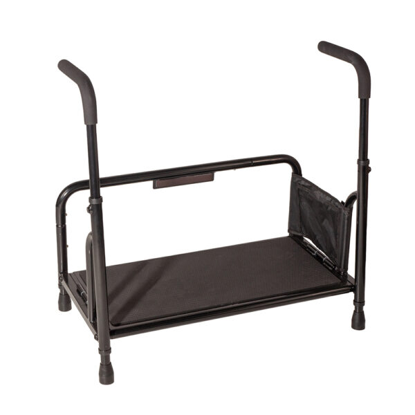 Stander Step with non-slip surface and rubber feet for stability, shown in use by a high bed.