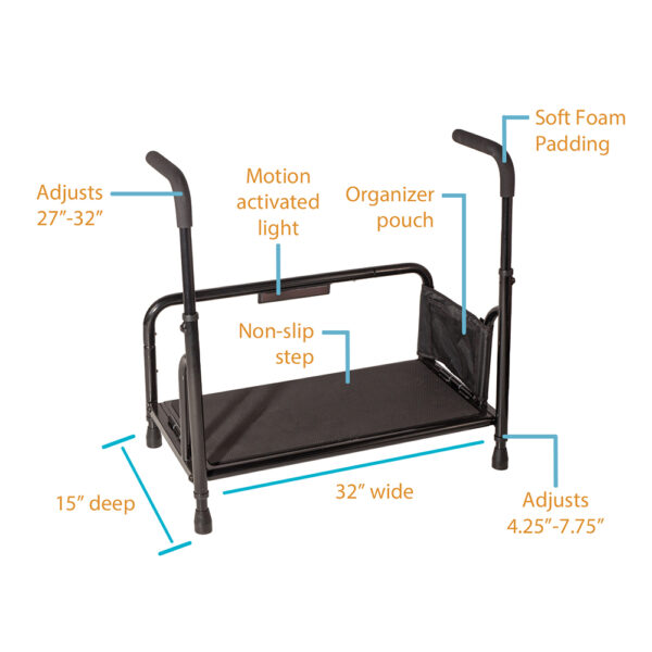 Stander Step with non-slip surface and rubber feet for stability, shown in use by a high bed.