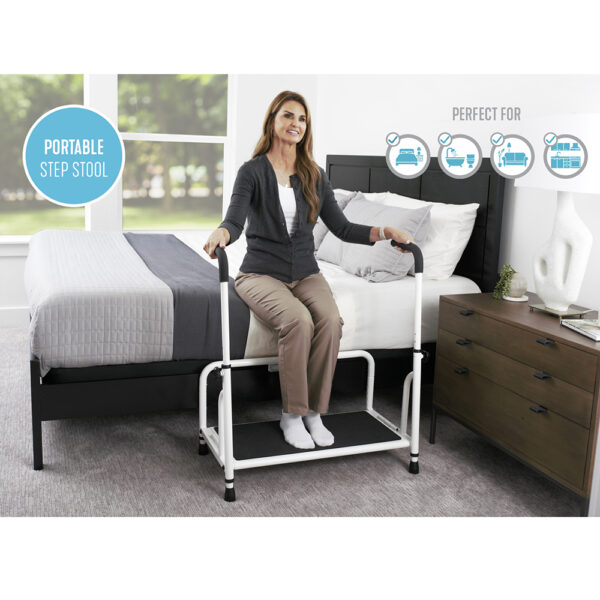 Stander Step with non-slip surface and rubber feet for stability, shown in use by a high bed.