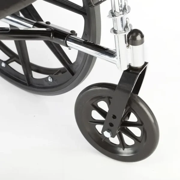 Invacare Tracer SX5 wheelchair with carbon steel frame, padded flip-back armrests, and dual-axle for adjustable hemi-height.