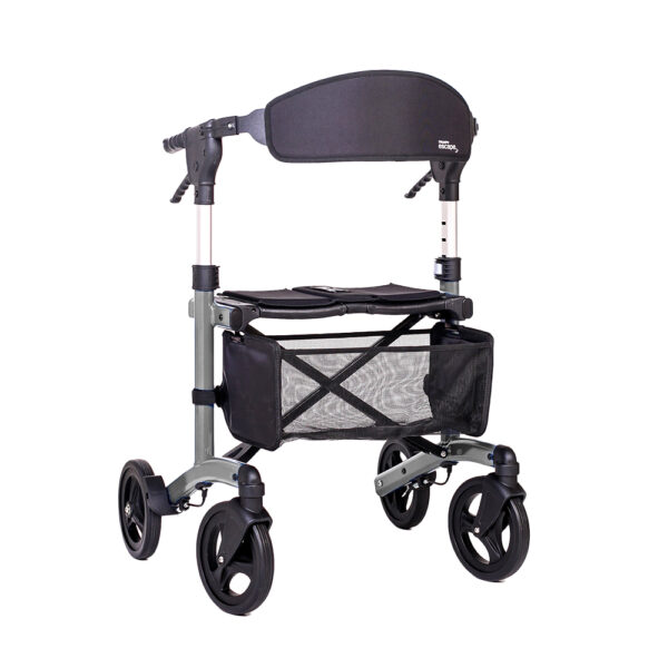 Triumph Escape Rollator with a compact foldable design, shown with adjustable handles and seat, offering convenient mobility support.