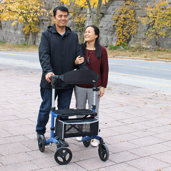 Triumph Escape Rollator with a compact foldable design, shown with adjustable handles and seat, offering convenient mobility support.