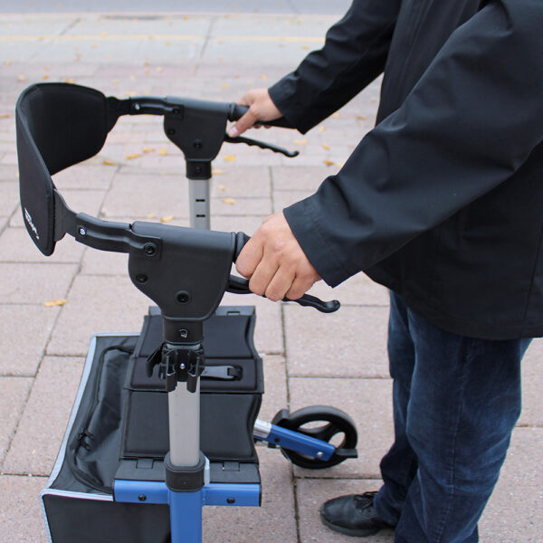 Triumph Escape Rollator with a compact foldable design, shown with adjustable handles and seat, offering convenient mobility support.