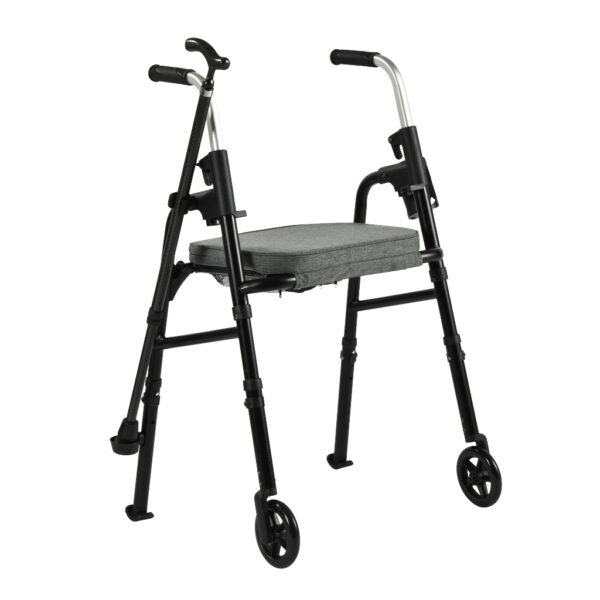 Essentials Walker with padded seat, backrest, 5” wheels, cup holder, and cane holder, designed for portability and convenience.