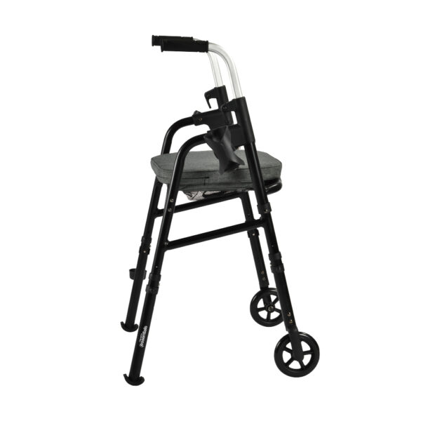 Essentials Walker with padded seat, backrest, 5” wheels, cup holder, and cane holder, designed for portability and convenience.