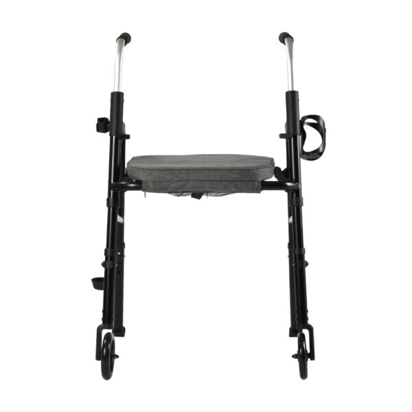 Essentials Walker with padded seat, backrest, 5” wheels, cup holder, and cane holder, designed for portability and convenience.