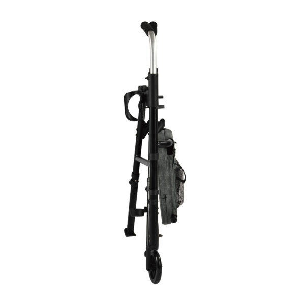 Essentials Walker with padded seat, backrest, 5” wheels, cup holder, and cane holder, designed for portability and convenience.