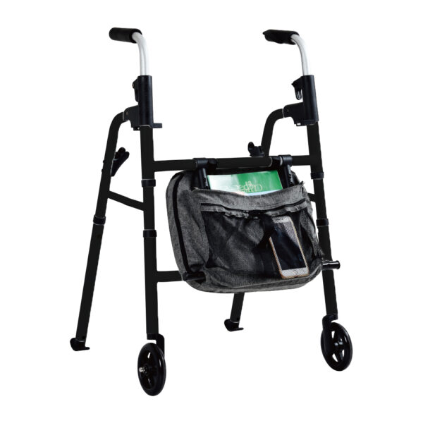 Essentials Walker with padded seat, backrest, 5” wheels, cup holder, and cane holder, designed for portability and convenience.