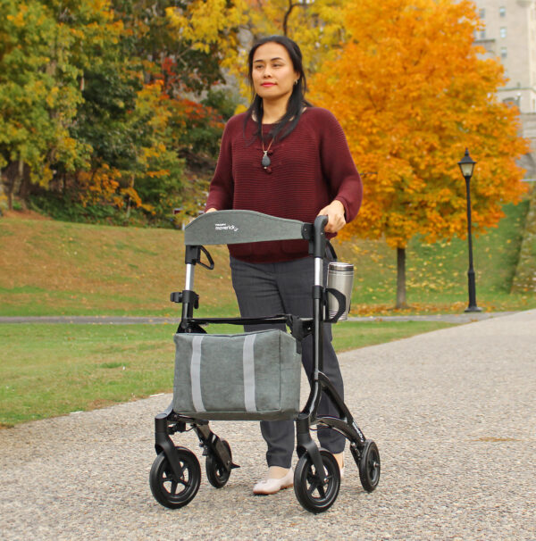 Triumph Maverick Rollator with a lightweight frame, ergonomic handles, and built-in seat, designed for easy mobility and comfortable rest.