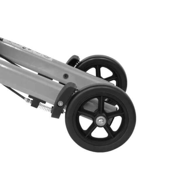 Triumph Mini Rollator with a compact, foldable design, 20” seat height, ergonomic handles, and lightweight frame for easy transport and storage.