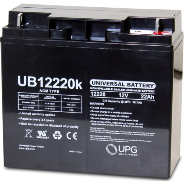 f UPG 12V 22AH sealed lead acid battery, designed for mobility scooters, power chairs, and other high-capacity applications.