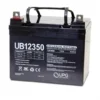 UPG 12V 35AH – UB12350 A pair of UPG 12V 35AH sealed lead acid batteries, designed for mobility scooters, power chairs, and other high-capacity applications.