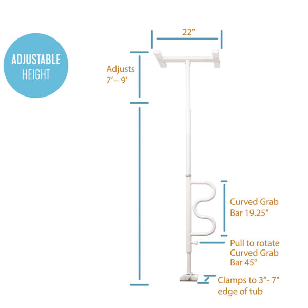 Stander Wonder Bathtub Pole securely installed beside a bathtub, providing adjustable support for safe entry and exit.