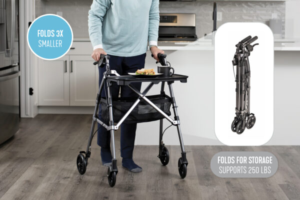 Wonder Indoor Rollator with a removable tray, soft-grip handles, and slim design for safe, stable mobility within the home.