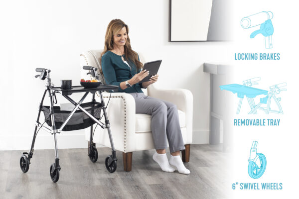 Wonder Indoor Rollator with a removable tray, soft-grip handles, and slim design for safe, stable mobility within the home.