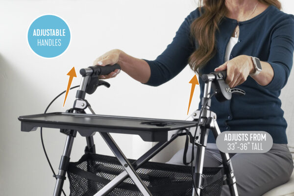 Wonder Indoor Rollator with a removable tray, soft-grip handles, and slim design for safe, stable mobility within the home.
