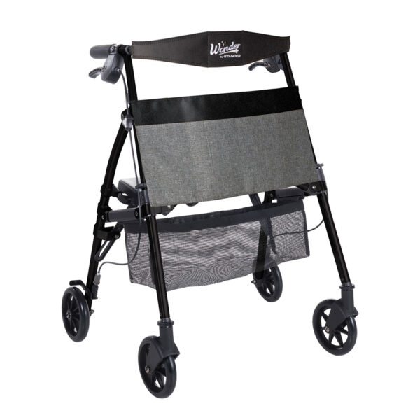 Wonder Rollator Plus with padded seat, large wheels, and storage basket for reliable mobility and stability.