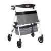 Wonder Rollator Plus with padded seat, large wheels, and storage basket for reliable mobility and stability.