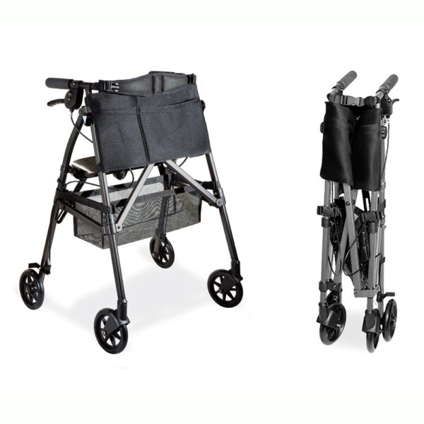 Wonder Rollator Plus with padded seat, large wheels, and storage basket for reliable mobility and stability.
