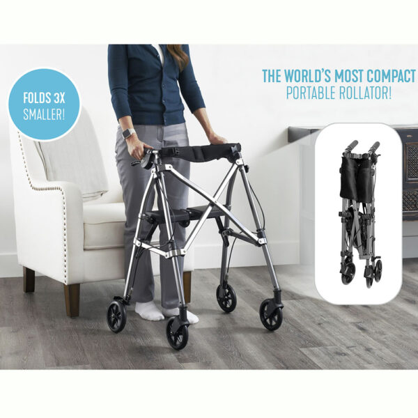 Wonder Rollator Plus with padded seat, large wheels, and storage basket for reliable mobility and stability.