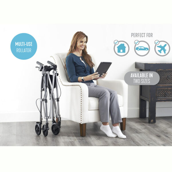 Wonder Rollator Plus with padded seat, large wheels, and storage basket for reliable mobility and stability.