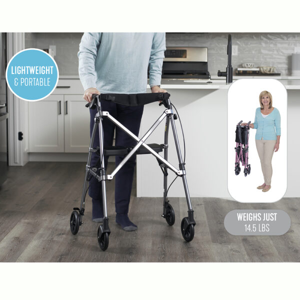 Wonder Rollator Plus with padded seat, large wheels, and storage basket for reliable mobility and stability.