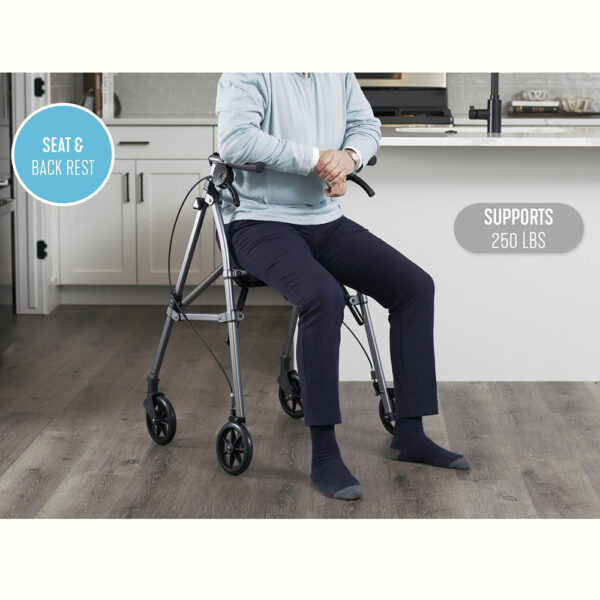 Wonder Rollator Plus with padded seat, large wheels, and storage basket for reliable mobility and stability.