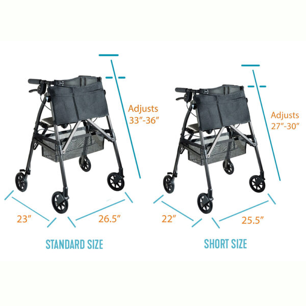 Wonder Rollator Plus with padded seat, large wheels, and storage basket for reliable mobility and stability.