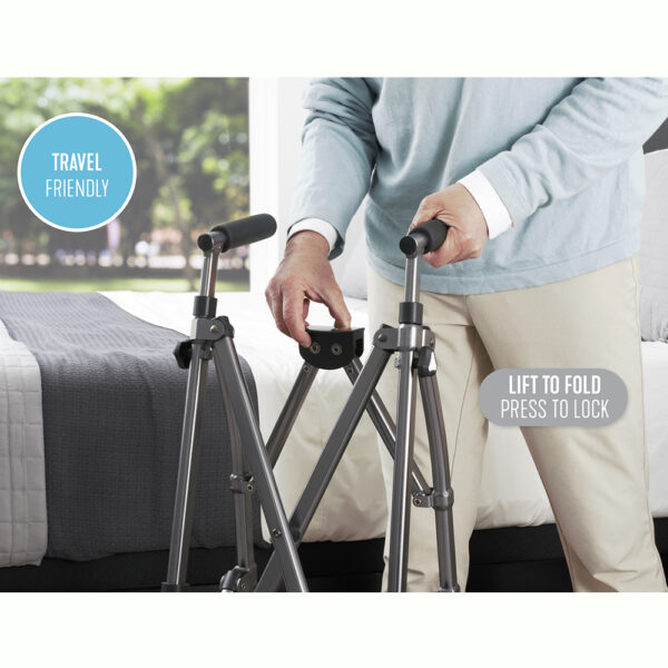 Wonder Walker Plus, a lightweight, foldable walker with ergonomic hand grips, designed for indoor and outdoor use.