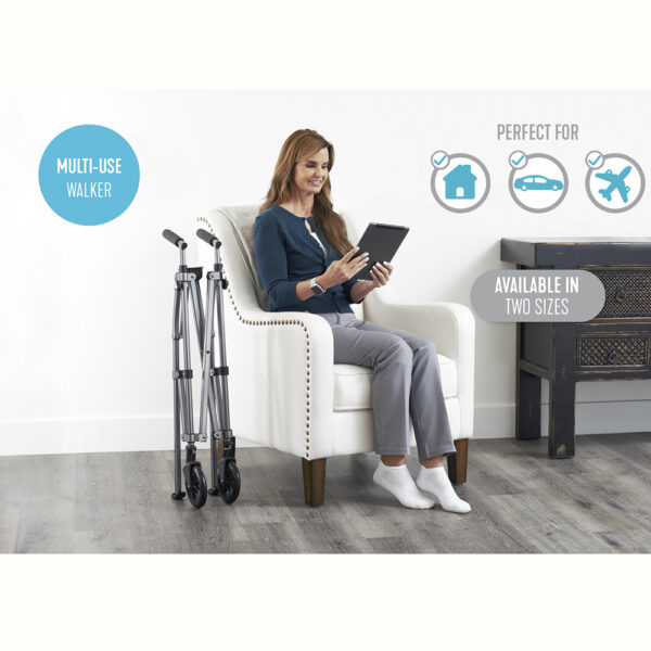 Wonder Walker Plus, a lightweight, foldable walker with ergonomic hand grips, designed for indoor and outdoor use.