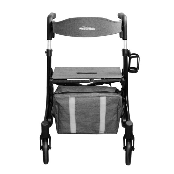 Essentials Compact Rollator with shopping bag, backrest, 6” wheels, cane holder, and cup holder in a lightweight, foldable design.