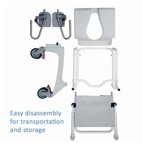 Aquatec Ocean Ergo Shower Commode with ergonomic seat, adjustable armrests and footrests, and compact design for independence and comfort.