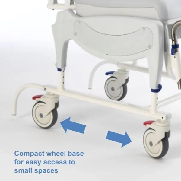 Invacare Aquatec Ocean Ergo Dual VIP shower commode chair with tilt and recline functionality, ergonomic seat, and height-adjustable armrests and footrests.