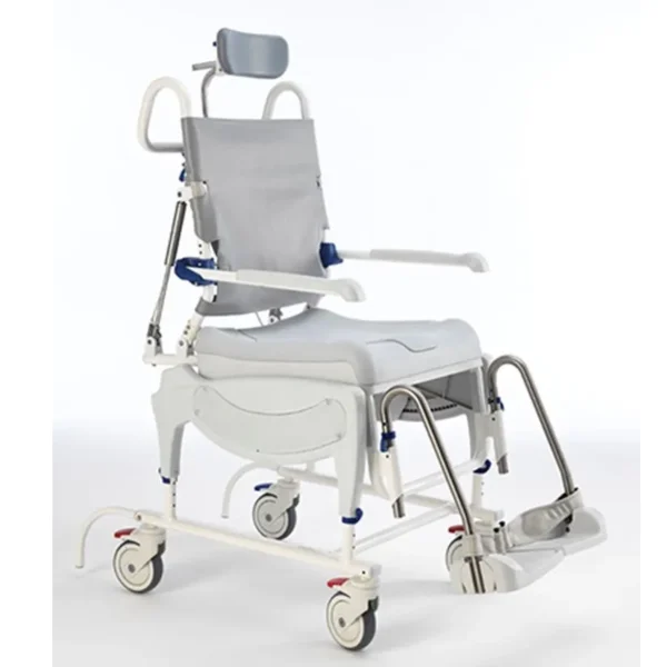 Invacare Aquatec Ocean Ergo Dual VIP shower commode chair with tilt and recline functionality, ergonomic seat, and height-adjustable armrests and footrests.