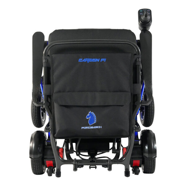 Forcemech Carbon F1 folding power chair with carbon fiber frame, compact design, and lightweight build.