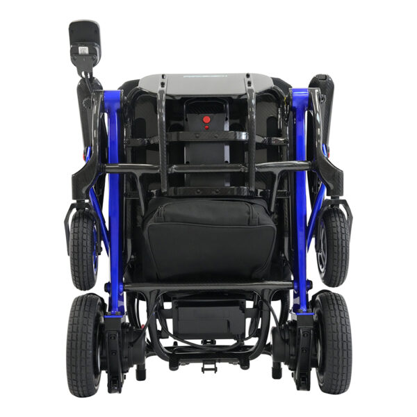 Forcemech Carbon F1 folding power chair with carbon fiber frame, compact design, and lightweight build.