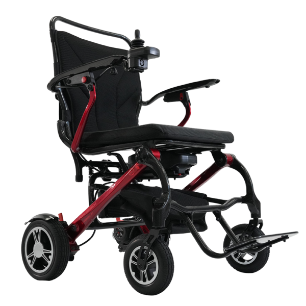Forcemech Carbon F1 folding power chair with carbon fiber frame, compact design, and lightweight build.