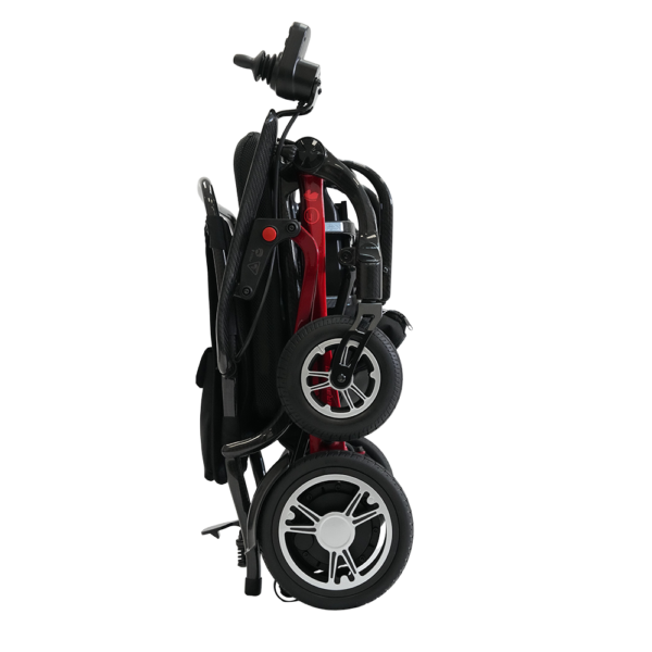 Forcemech Carbon F1 folding power chair with carbon fiber frame, compact design, and lightweight build.