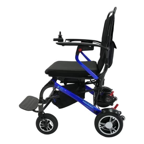 Forcemech Carbon F1 folding power chair with carbon fiber frame, compact design, and lightweight build.